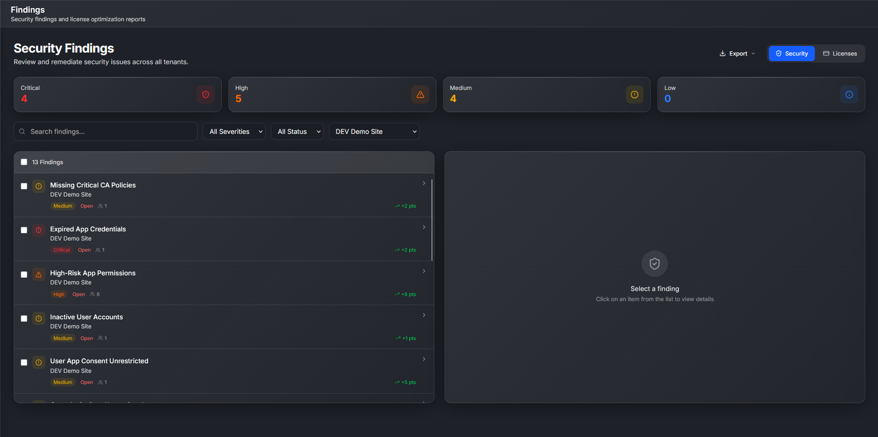 Security findings and score dashboard